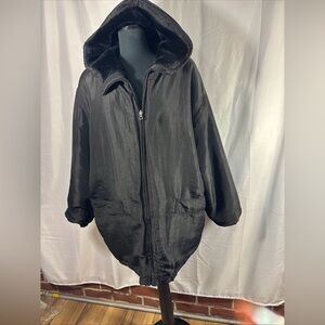 Venezia Black Nylon parachute Jacket faux fur Lined Reversible Large Hooded